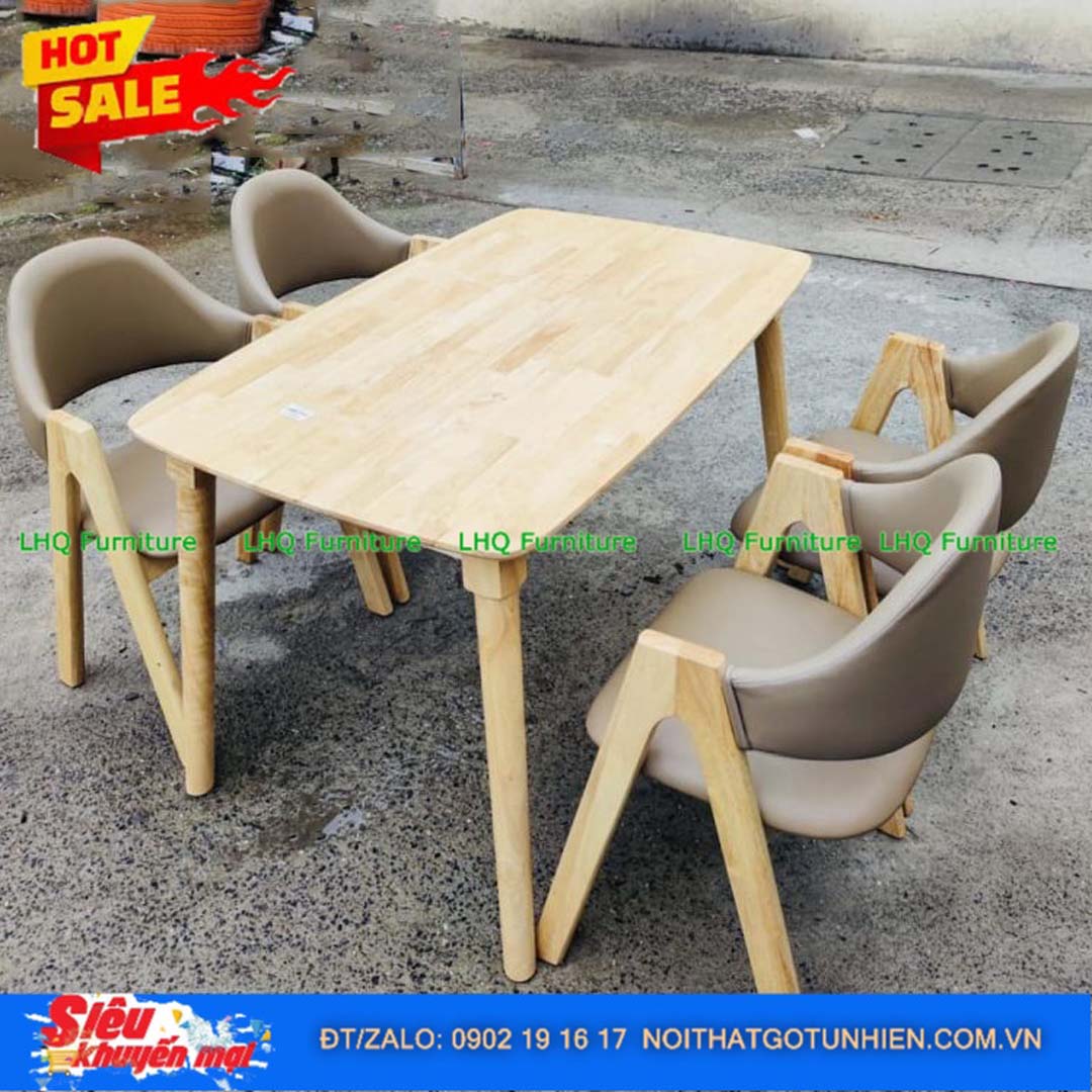 Bàn Ghế Ăn Chữ A 04 Gỗ Cao Su Tự Nhiên 4 Ghế