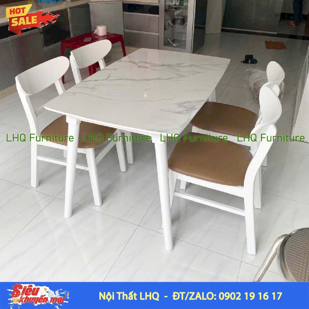 Bộ bàn ăn 1m2 giả đá 4 ghế Mango nệm – Gỗ cao su tự nhiên