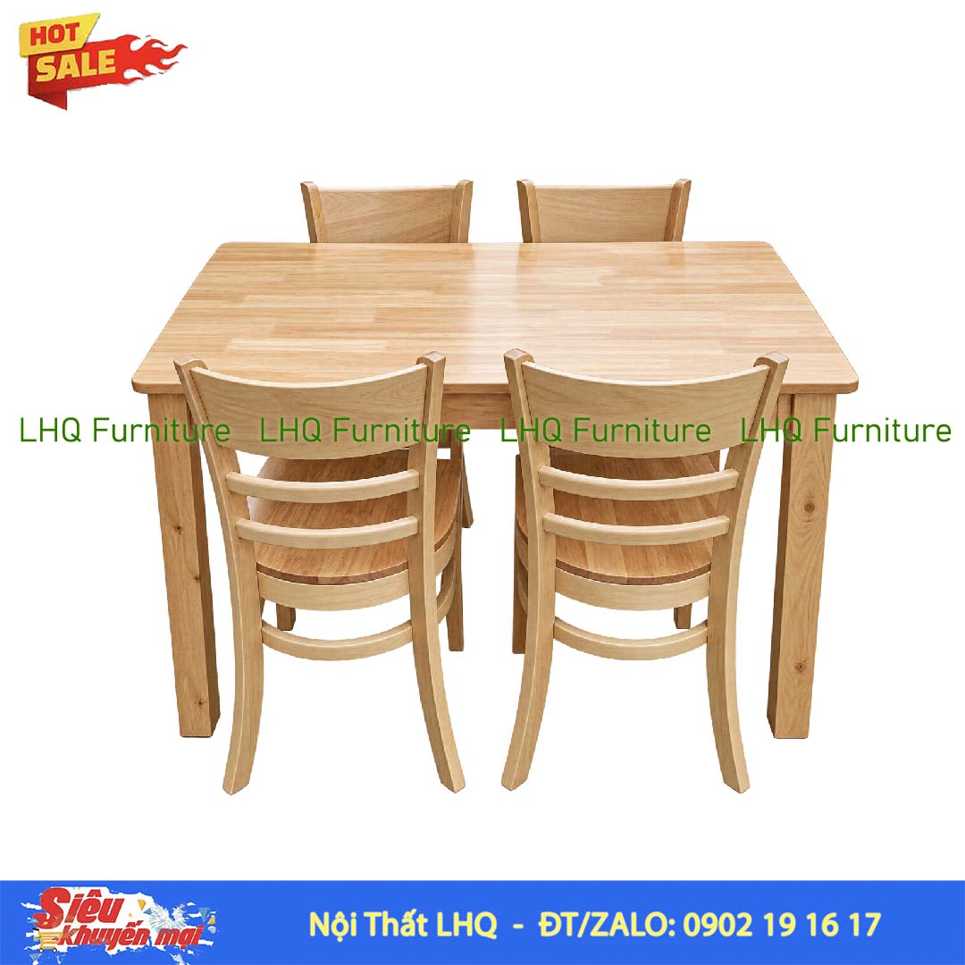 Bộ bàn ăn 4 ghế Cabin ghế mặt gỗ – Bàn gỗ cao su tự nhiên