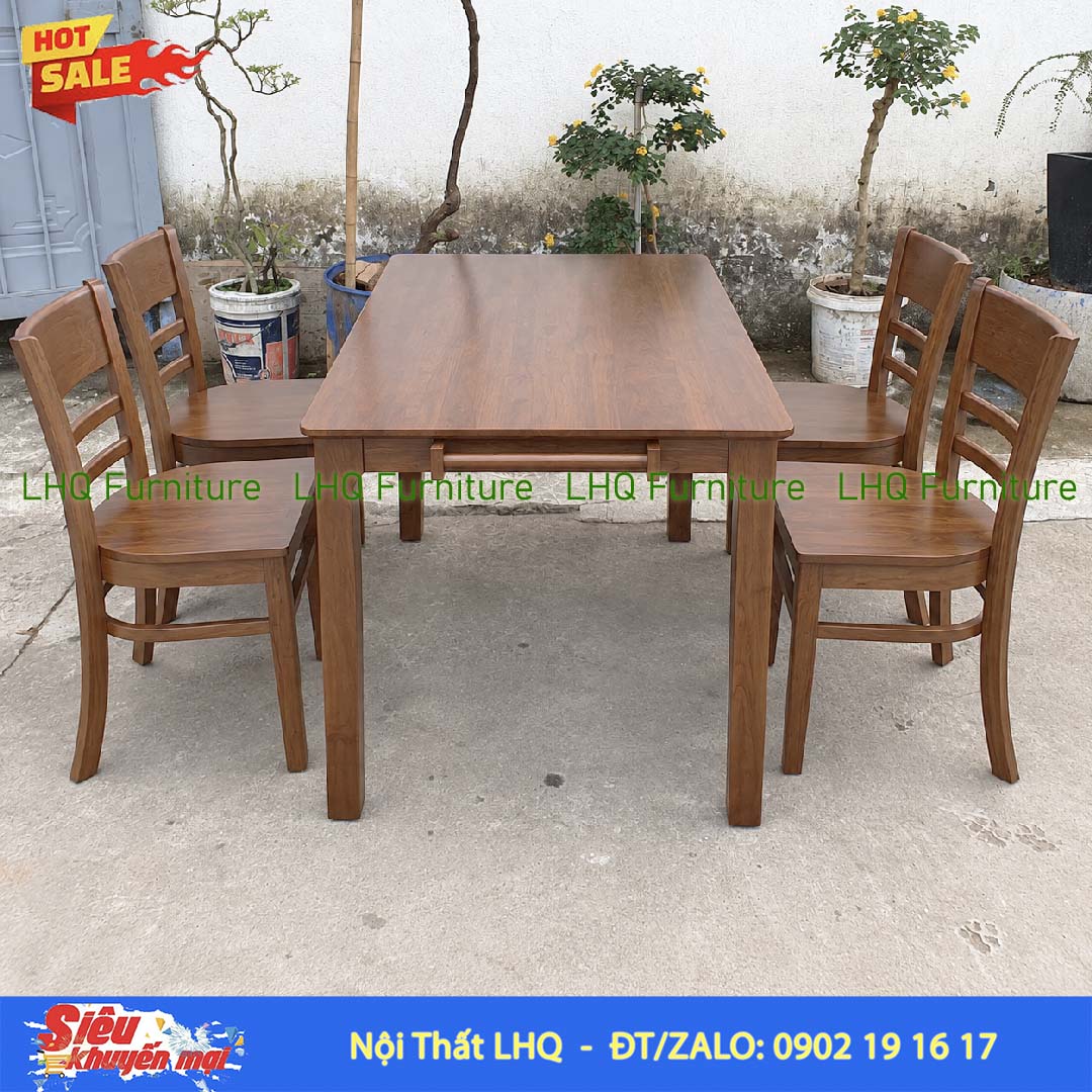 Bộ bàn ăn 4 ghế Cabin ghế mặt gỗ – Bàn gỗ cao su tự nhiên
