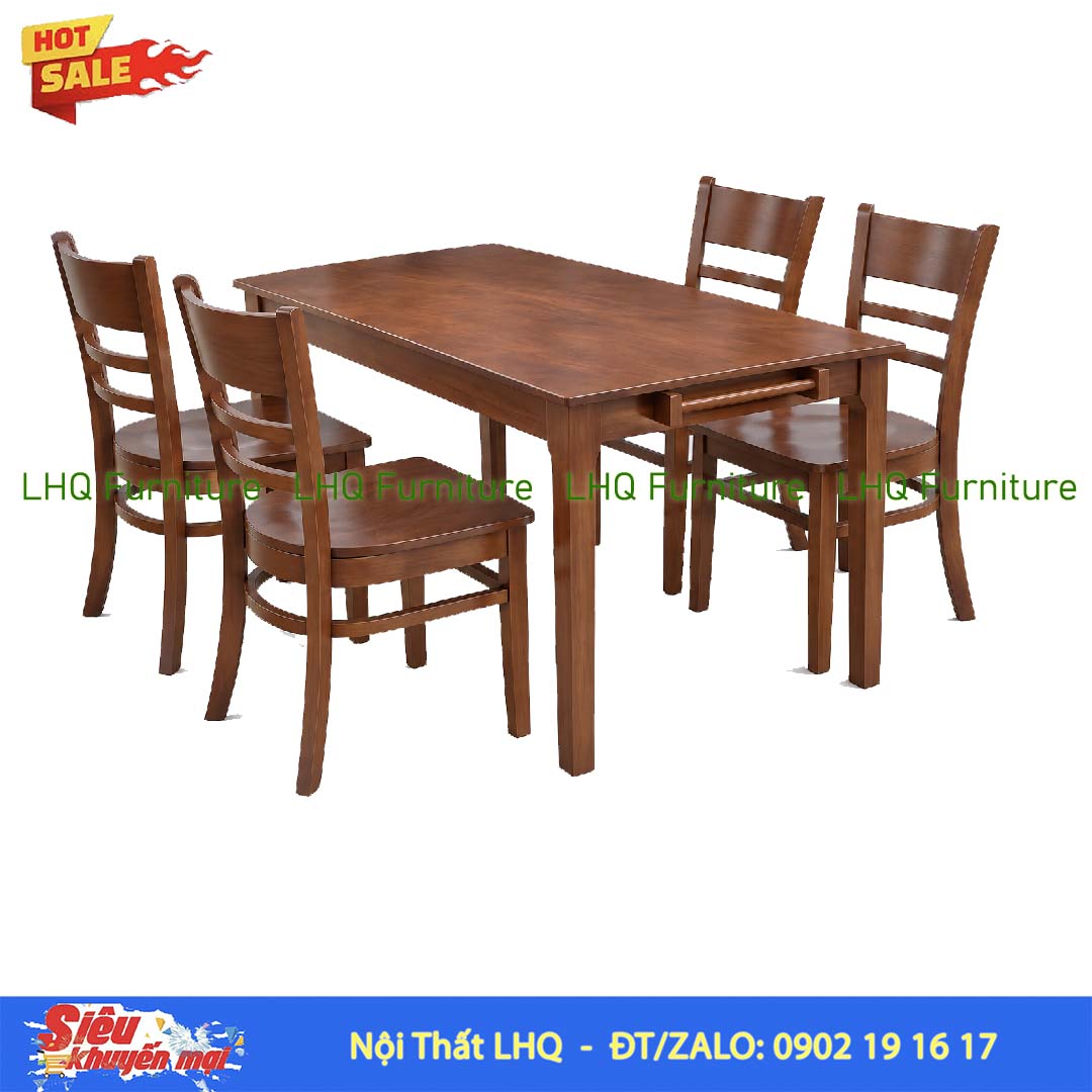 Bộ bàn ăn 4 ghế Cabin ghế mặt gỗ – Bàn gỗ cao su tự nhiên