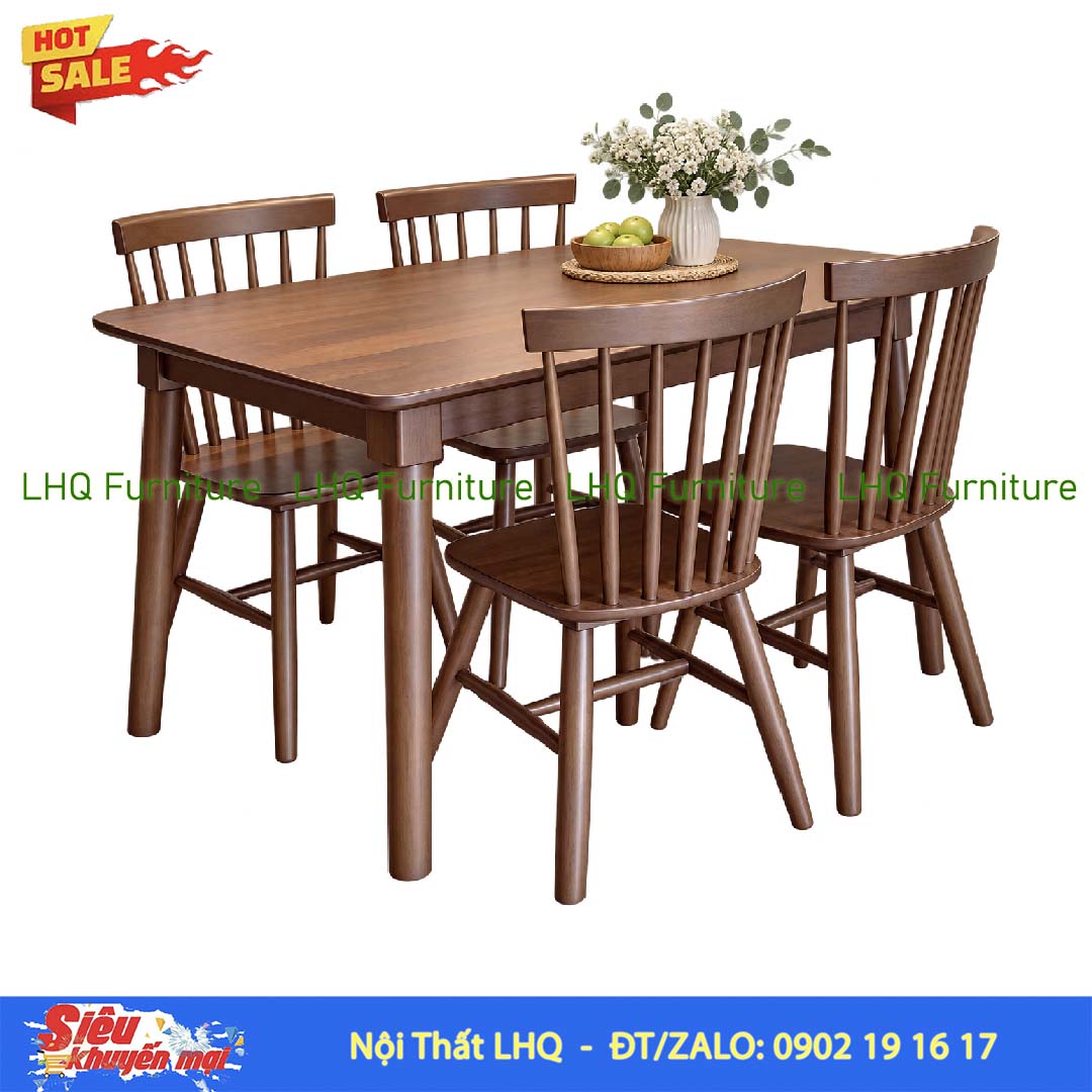 Bộ Bàn Ăn Song Tiền gỗ cao su tự nhiên hiện đại