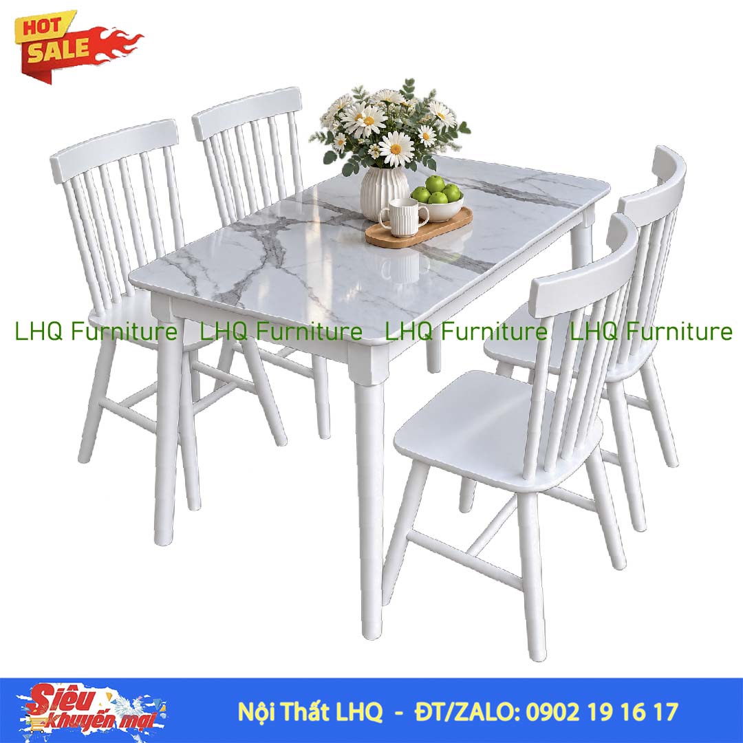 Bộ bàn ăn 4 ghế 7 nan mặt giả đá 1m2 – 3 màu lựa chọn