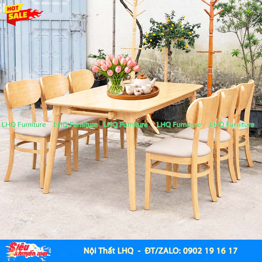 Bộ bàn ăn 1m6 gỗ 6 ghế Butter – Gỗ cao su tự nhiên
