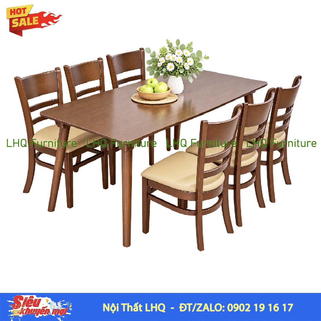 Bộ bàn 1,6m 6 ghế Cabin – Màu óc chó, tự nhiên và trắng