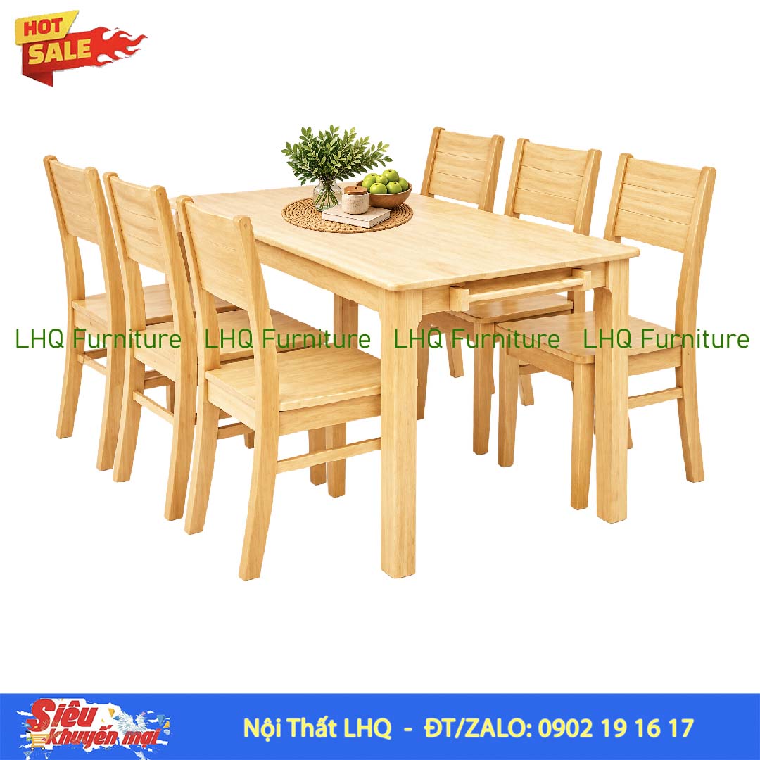 Bộ bàn ăn 6 ghế Cherry – Gỗ cao su tự nhiên, 2 màu lựa chọn