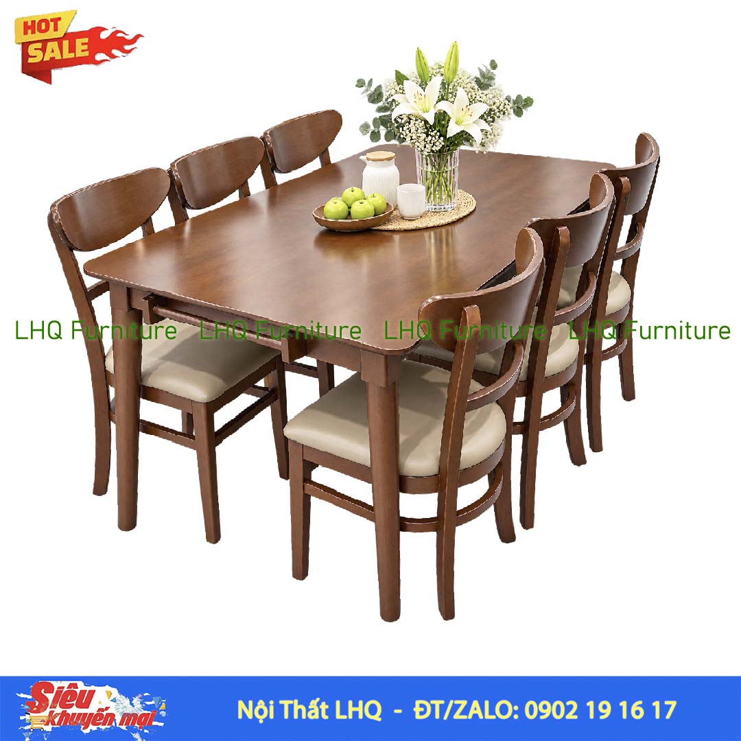 Bộ bàn 1m6 6 ghế Panda – Gỗ cao su, màu tự nhiên và walnut
