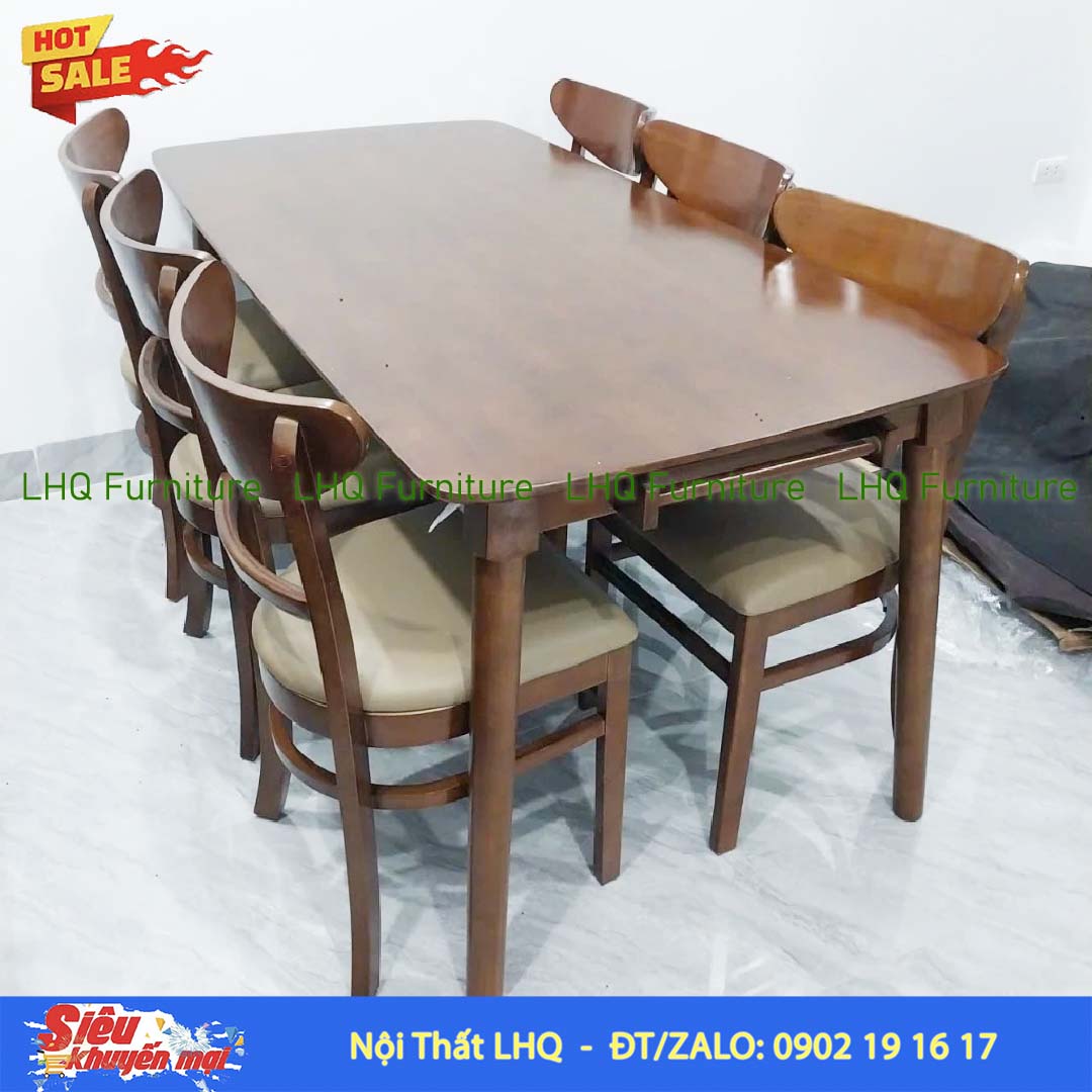 Bộ bàn 1m6 6 ghế Panda – Gỗ cao su, màu tự nhiên và walnut