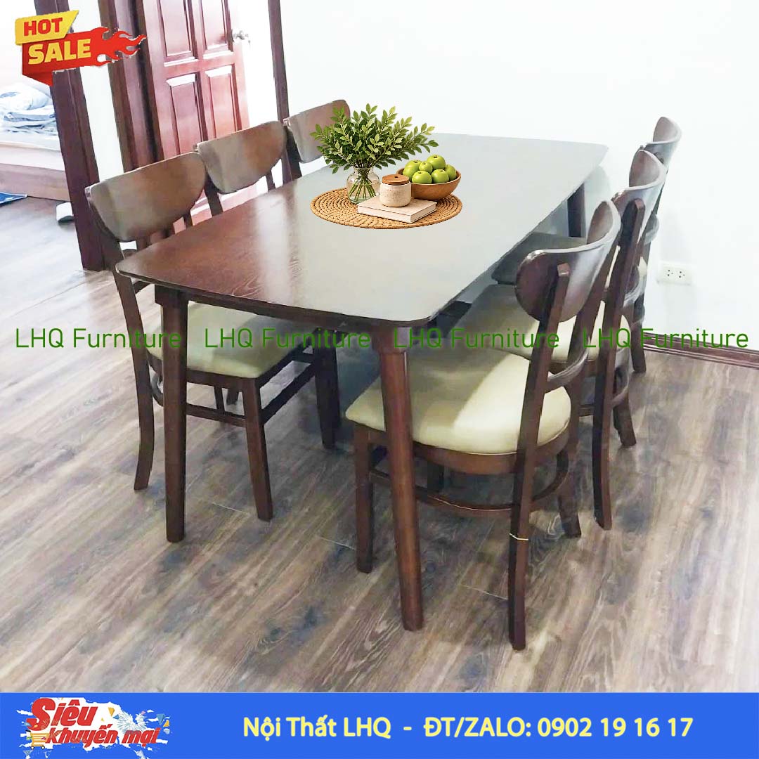Bộ bàn 1m6 6 ghế Panda – Gỗ cao su, màu tự nhiên và walnut