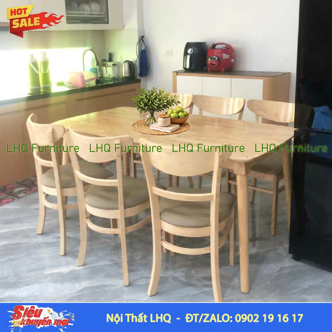 Bộ bàn 1m6 6 ghế Panda – Gỗ cao su, màu tự nhiên và walnut