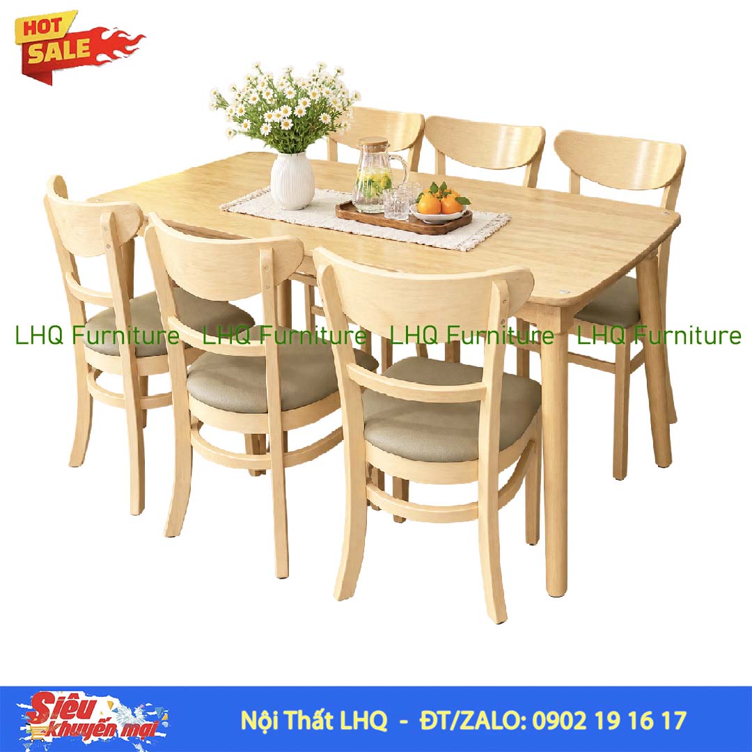 Bộ bàn 1m6 6 ghế Panda – Gỗ cao su, màu tự nhiên và walnut