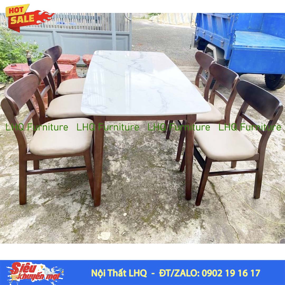 Bộ bàn 6 ghế Mango bàn 1m6 giả đá – Gỗ cao su tự nhiên