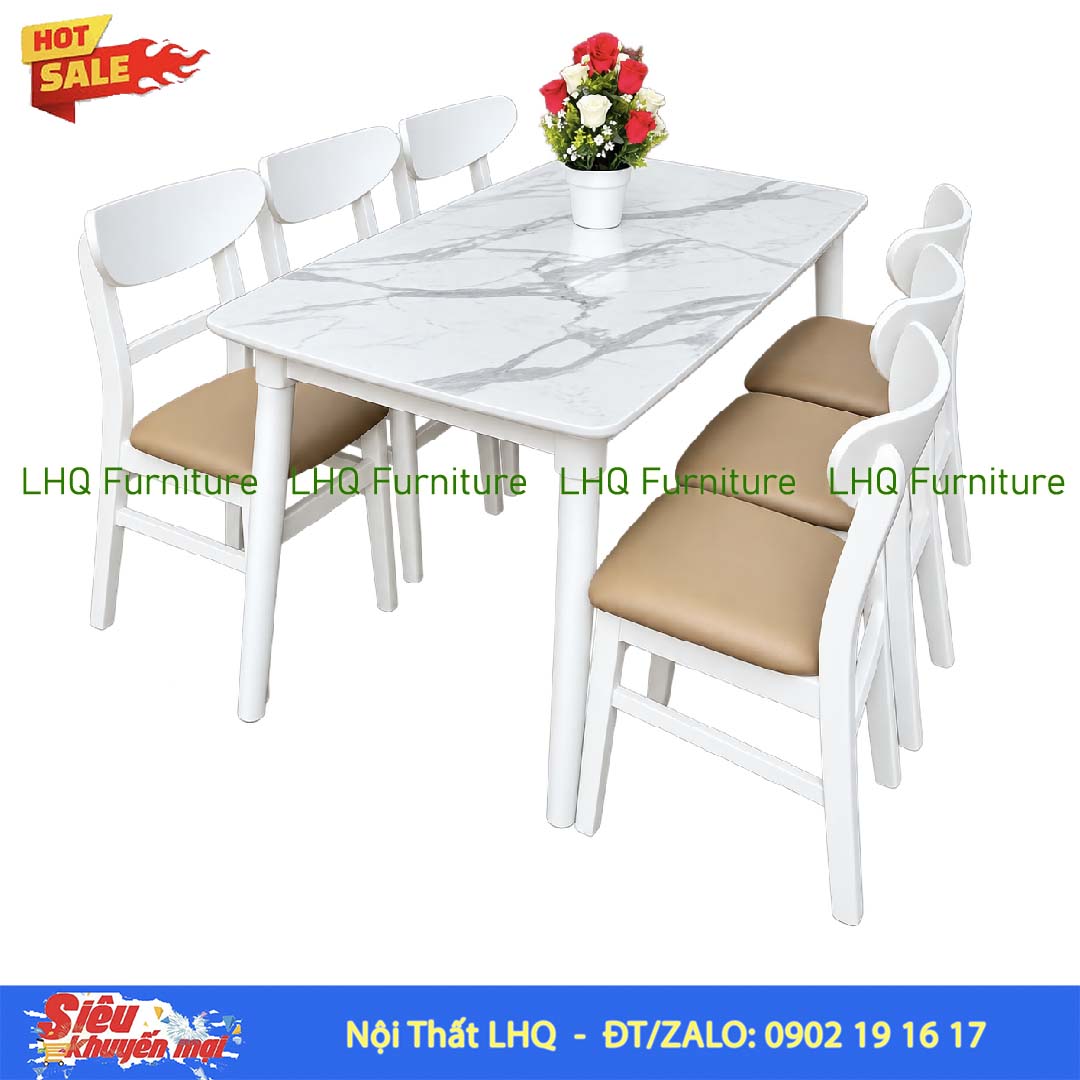 Bộ bàn 6 ghế Mango bàn 1m6 giả đá – Gỗ cao su tự nhiên