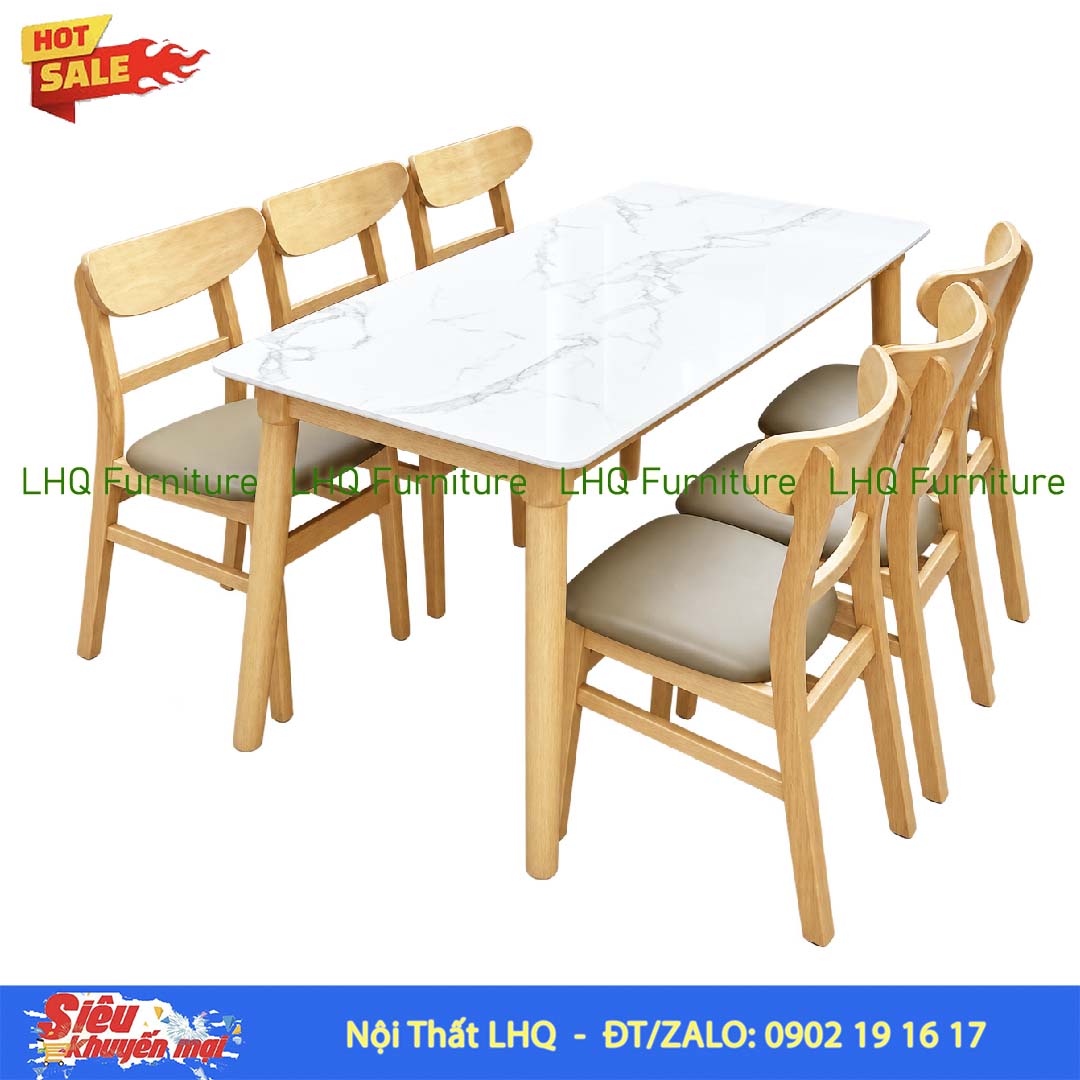 Bộ bàn 6 ghế Mango bàn 1m6 giả đá – Gỗ cao su tự nhiên