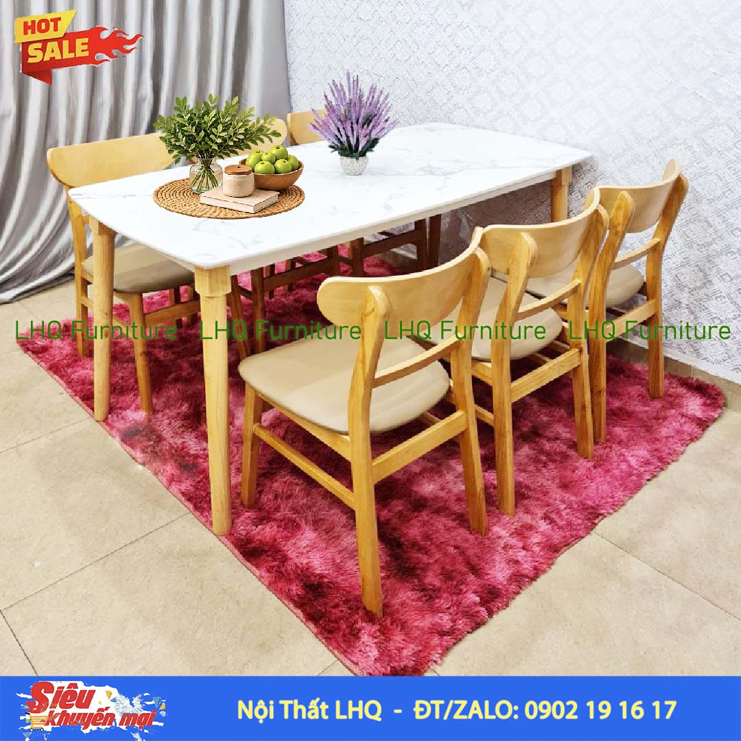Bộ bàn 6 ghế Mango bàn 1m6 giả đá – Gỗ cao su tự nhiên