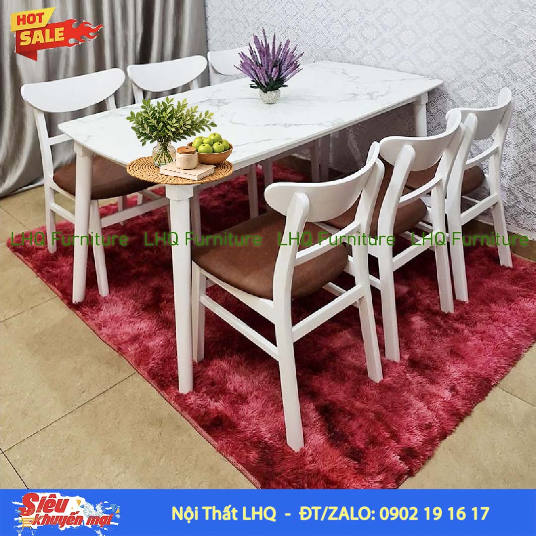 Bộ bàn 6 ghế Mango bàn 1m6 giả đá – Gỗ cao su tự nhiên