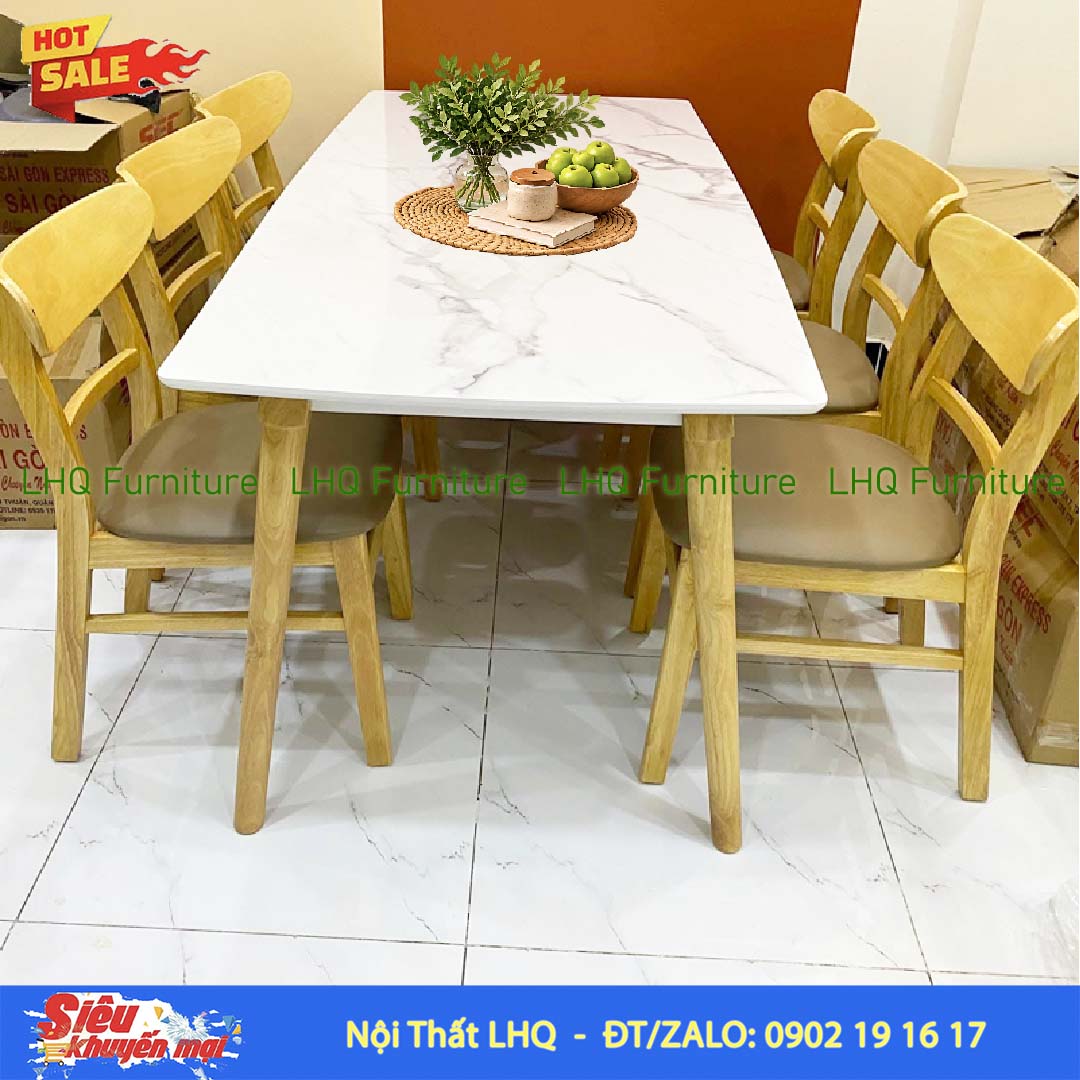 Bộ bàn 6 ghế Mango bàn 1m6 giả đá – Gỗ cao su tự nhiên