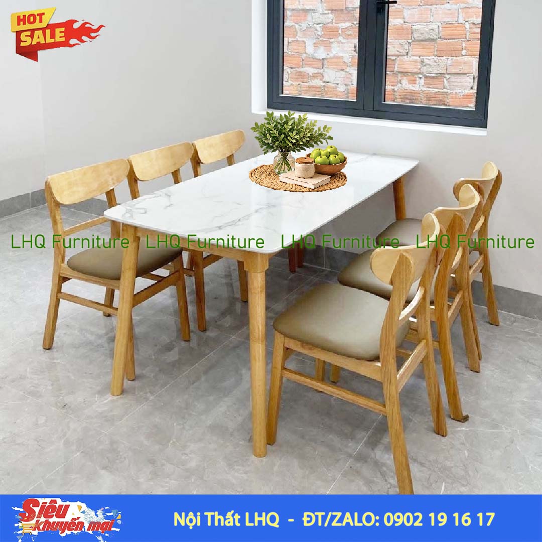 Bộ bàn 6 ghế Mango bàn 1m6 giả đá – Gỗ cao su tự nhiên