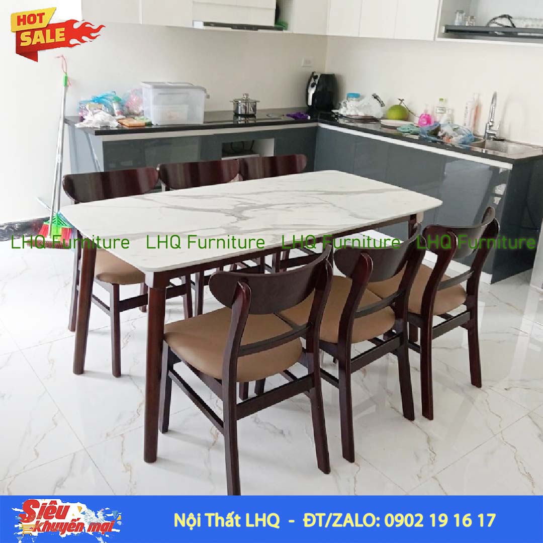 Bộ bàn 6 ghế Mango bàn 1m6 giả đá – Gỗ cao su tự nhiên