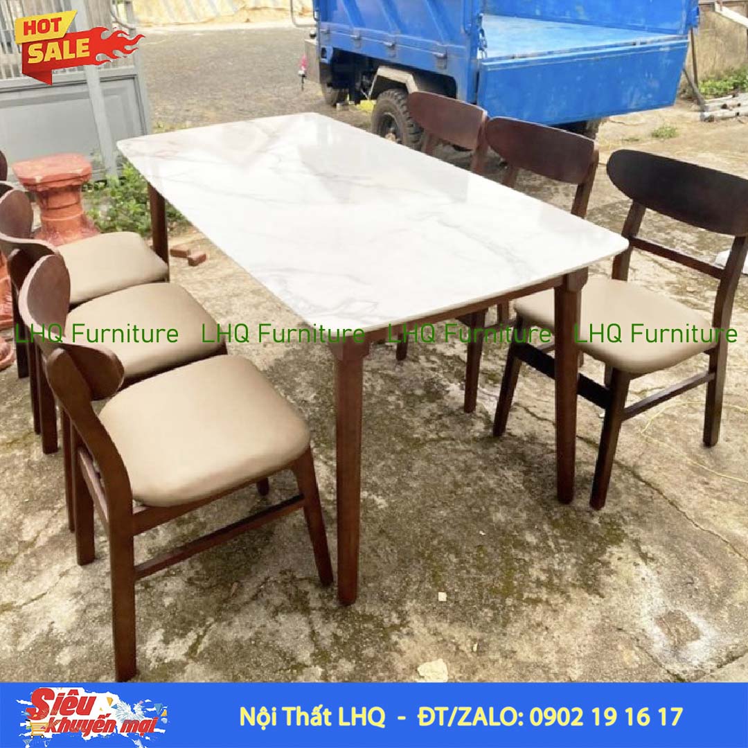 Bộ bàn 6 ghế Mango bàn 1m6 giả đá – Gỗ cao su tự nhiên
