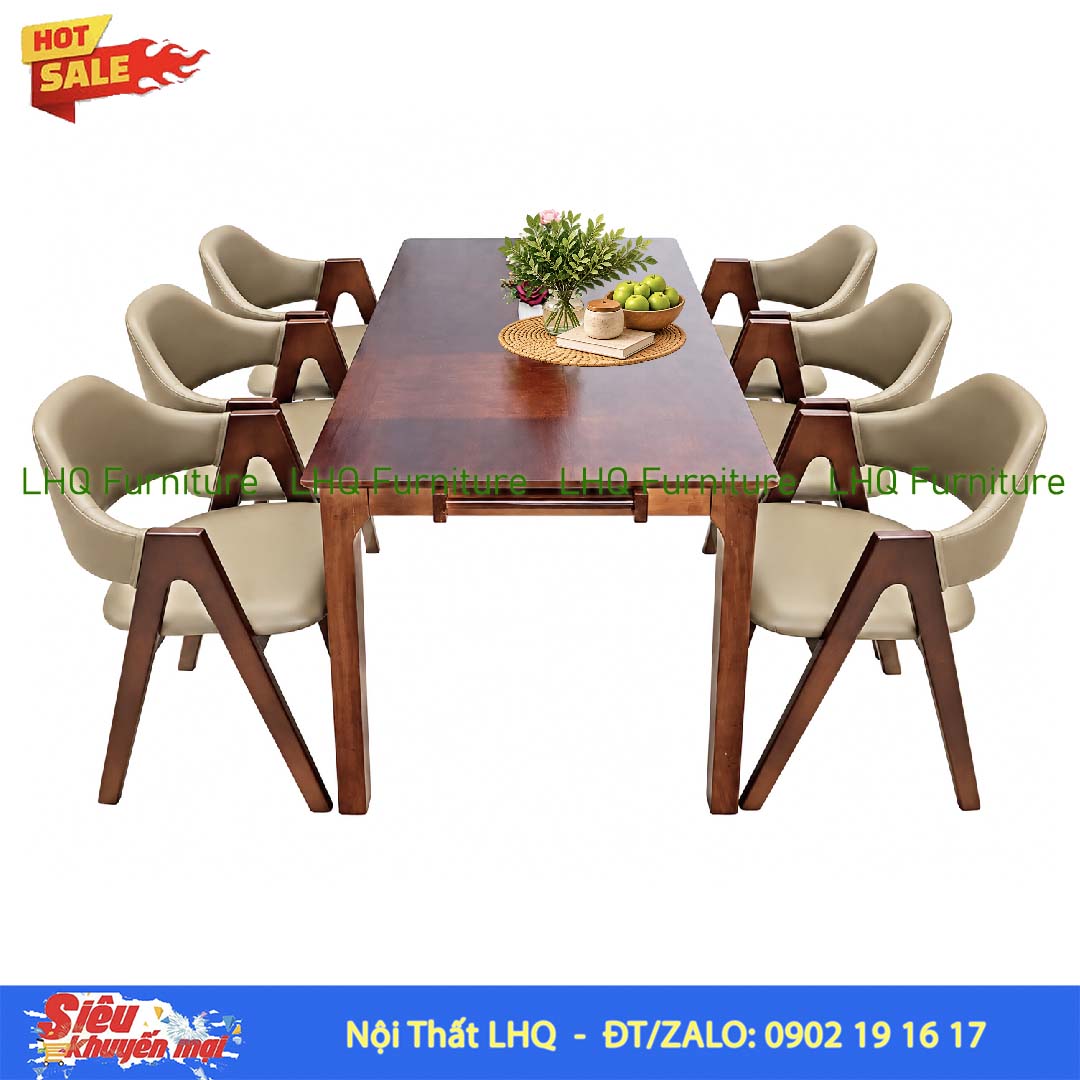 Bộ bàn 1m6 6 ghế chữ A màu tự nhiên và Walnut