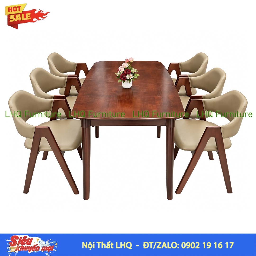 Bộ bàn 1m6 6 ghế chữ A màu tự nhiên và Walnut
