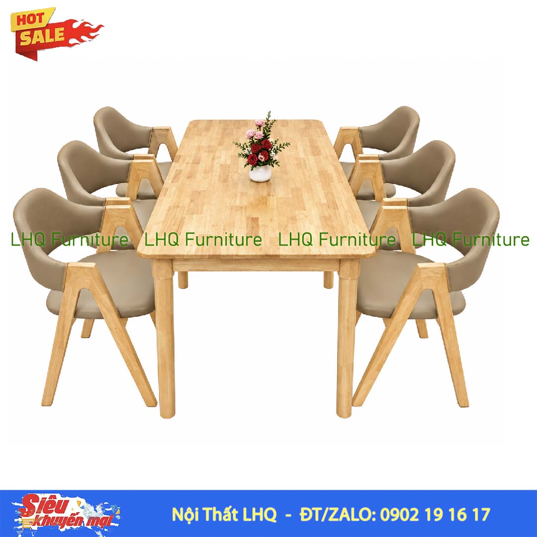 Bộ bàn 1m6 6 ghế chữ A màu tự nhiên và Walnut