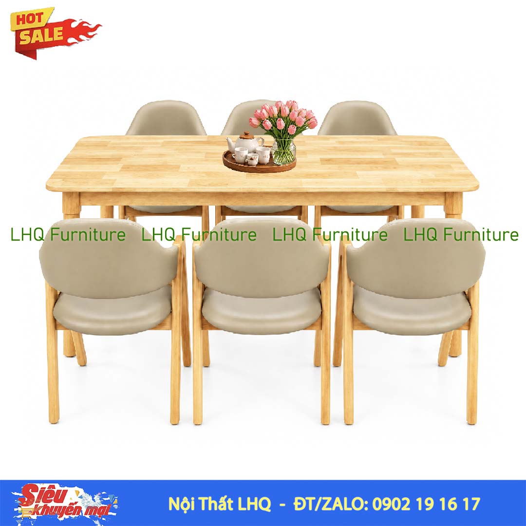 Bộ bàn 1m6 6 ghế chữ A màu tự nhiên và Walnut