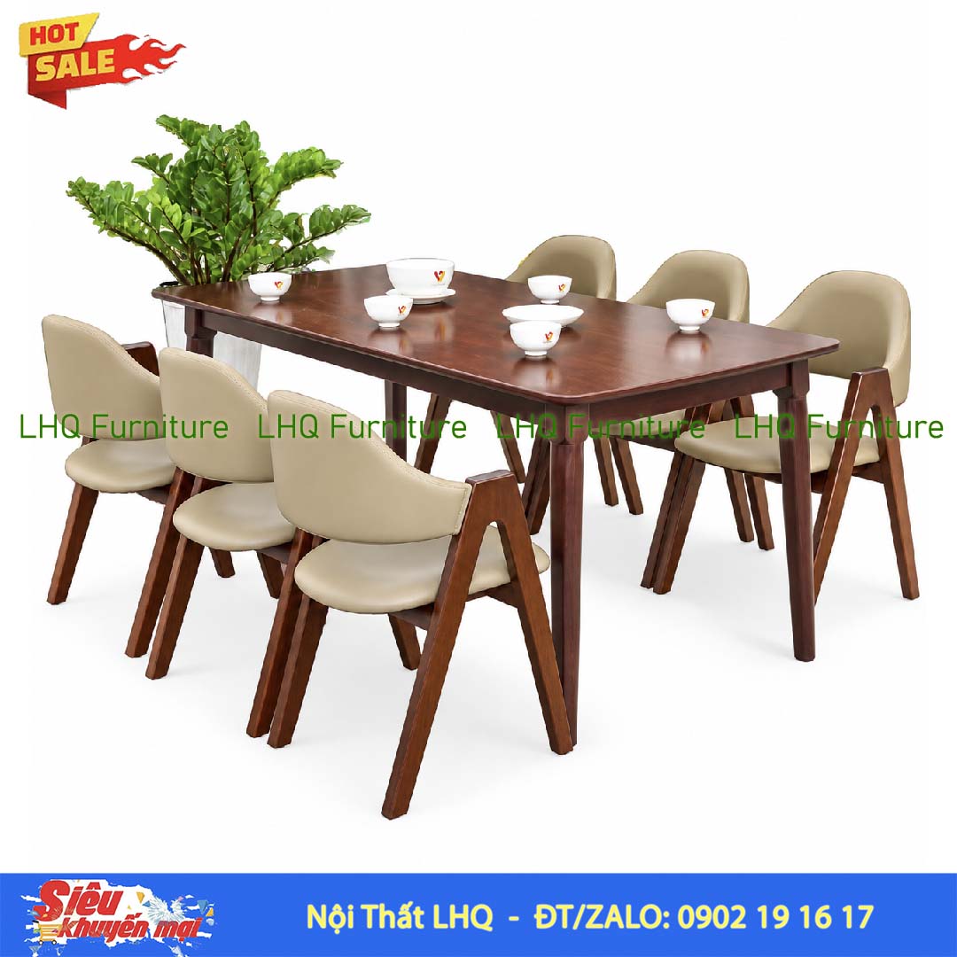Bộ bàn 1m6 6 ghế chữ A màu tự nhiên và Walnut