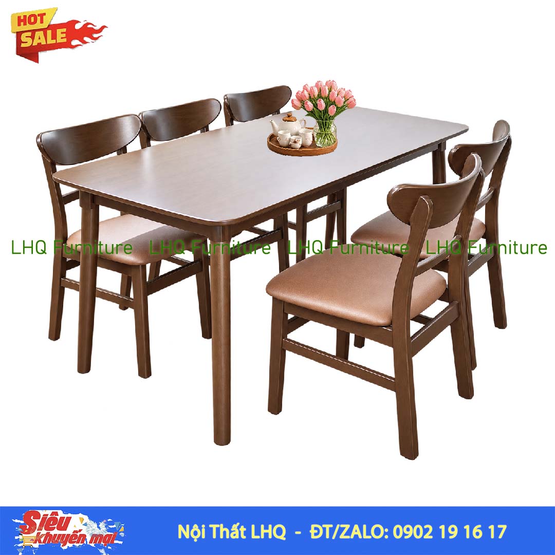 Bộ bàn 6 ghế Mango bàn 1m6 gỗ tự nhiên – Hiện đại, ấm áp