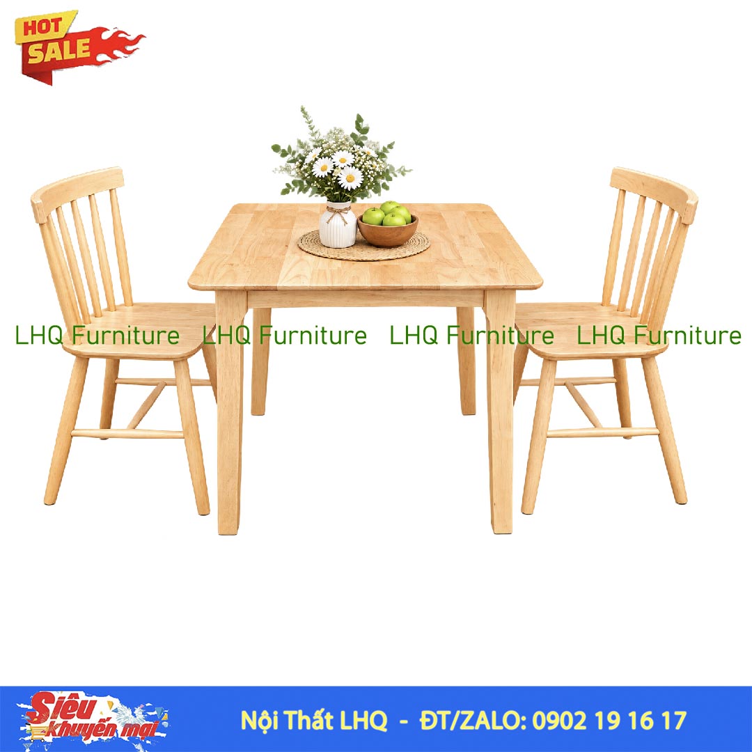 Bộ Bàn Ăn 2 Ghế Song Tiện 7 Nan Gỗ Cao Su – Bàn Vuông 80cm