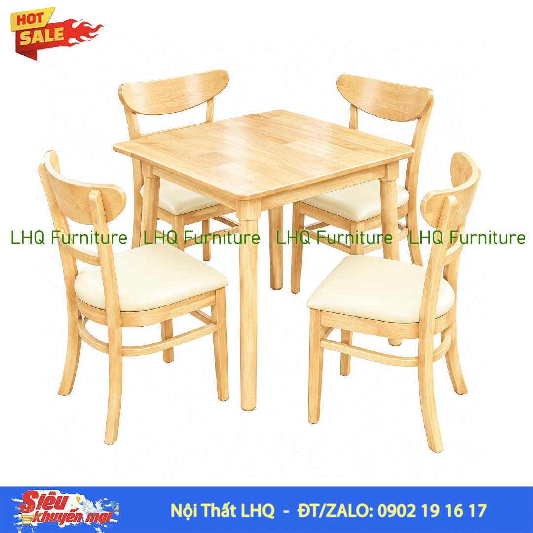 Bộ Bàn Ăn 4 Ghế Panda Gỗ Cao Su Tự Nhiên – Bàn Vuông 80cm