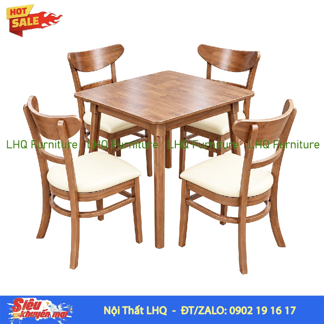 Bộ Bàn Ăn 4 Ghế Panda Gỗ Cao Su Tự Nhiên – Bàn Vuông 80cm