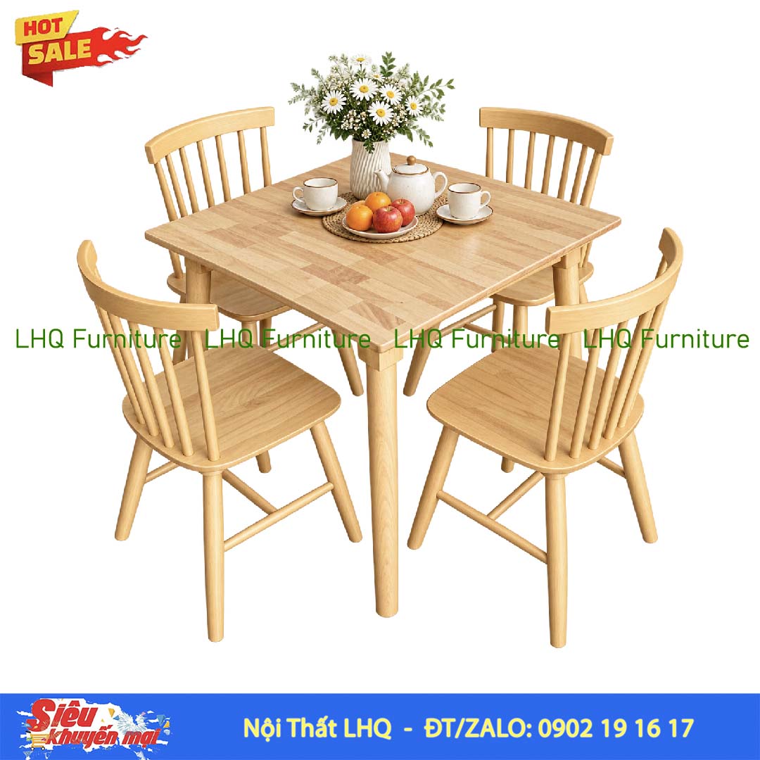 Bộ bàn ăn 4 ghế Song Tiện – Bàn vuông 80cm, 3 màu lựa chọn