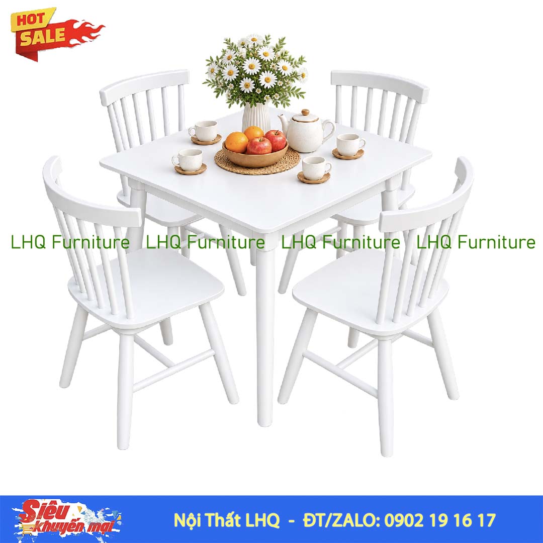 Bộ bàn ăn 4 ghế Song Tiện – Bàn vuông 80cm, 3 màu lựa chọn