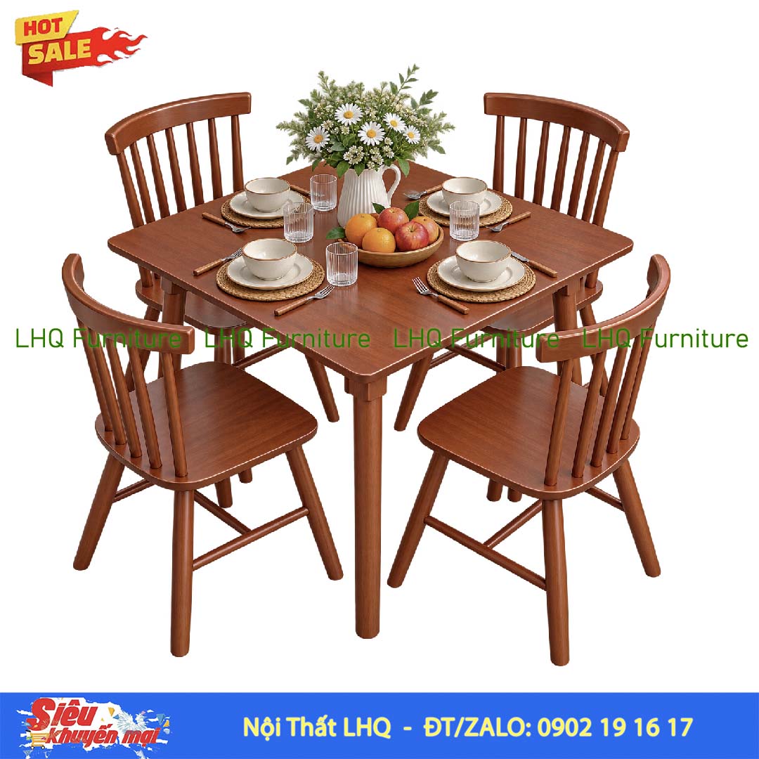 Bộ bàn ăn 4 ghế Song Tiện – Bàn vuông 80cm, 3 màu lựa chọn
