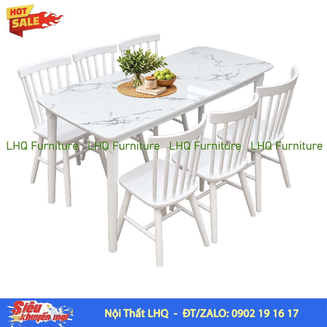 Bộ bàn ăn 6 ghế 7 nan – Bàn giả đá 1m6 gỗ cao su