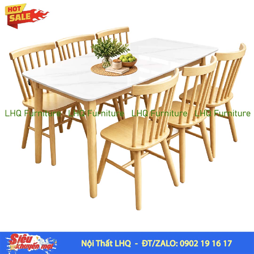 Bộ bàn ăn 6 ghế 7 nan – Bàn giả đá 1m6 gỗ cao su