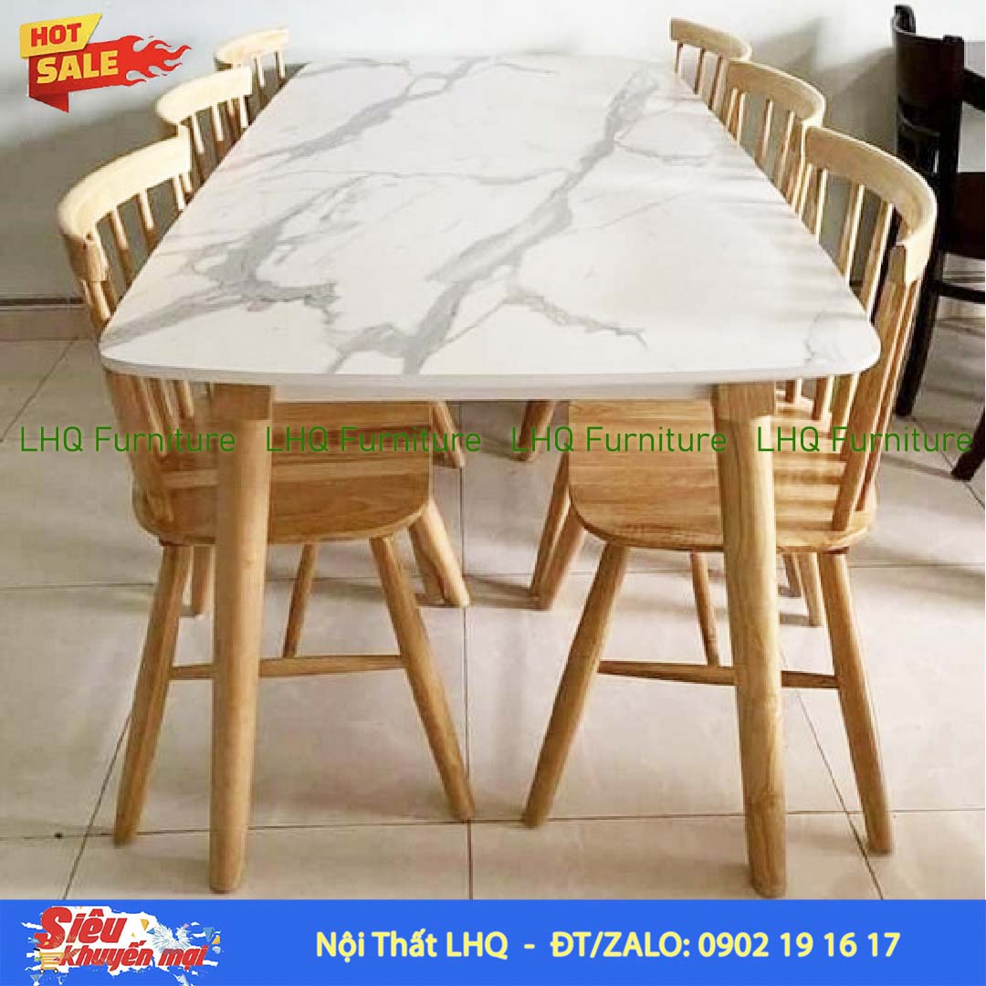 Bộ bàn ăn 6 ghế 7 nan – Bàn giả đá 1m6 gỗ cao su