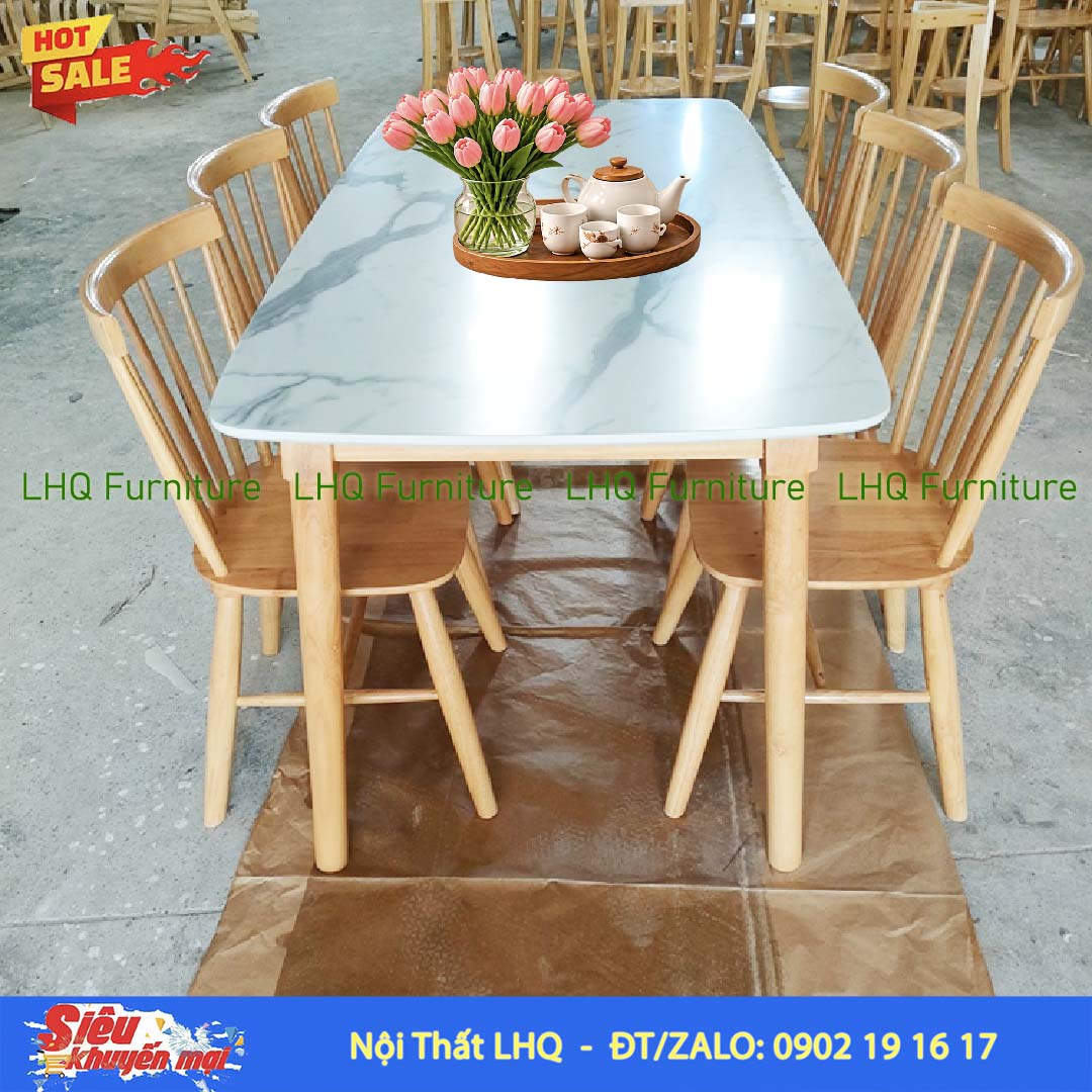 Bộ bàn ăn 6 ghế 7 nan – Bàn giả đá 1m6 gỗ cao su