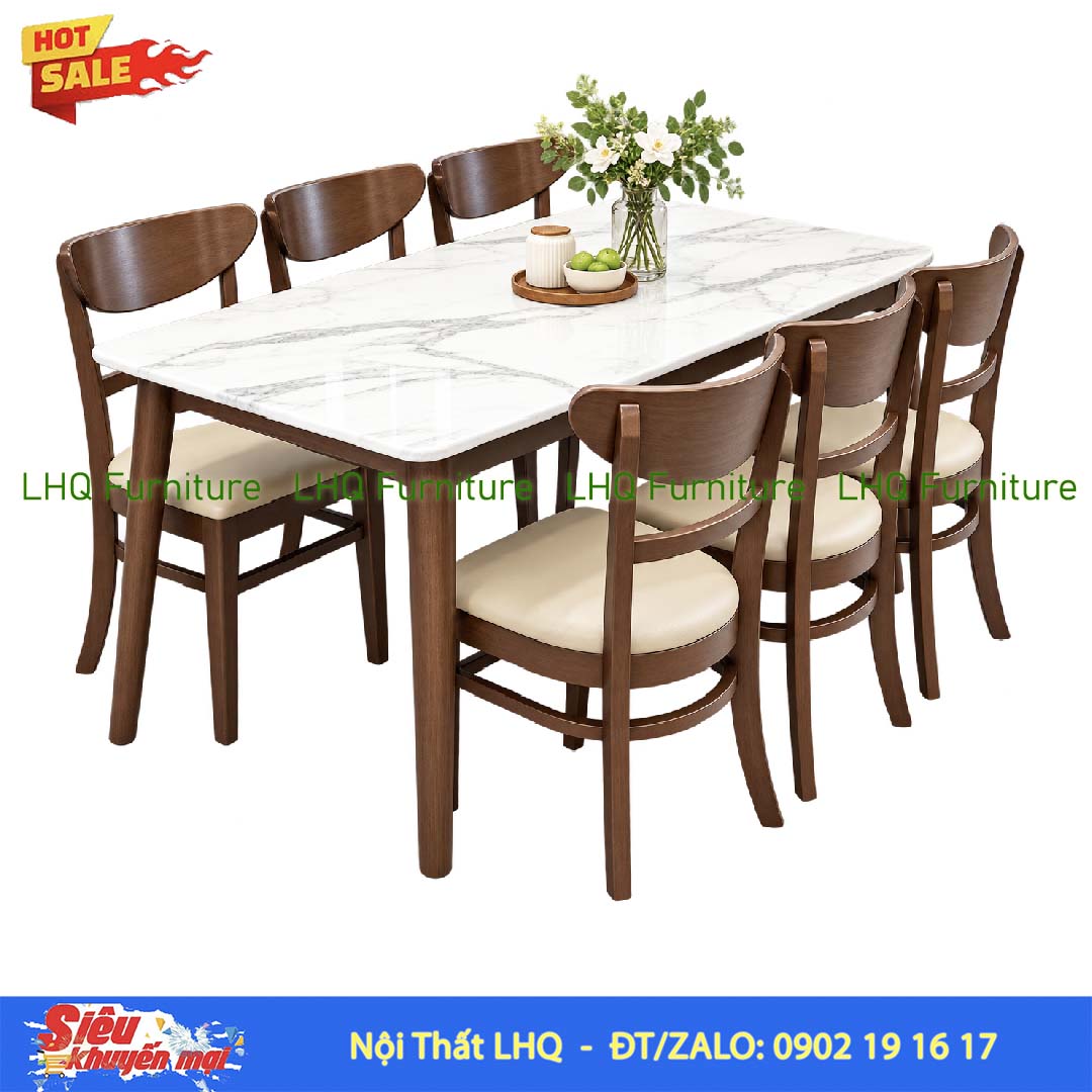 Bộ bàn 1m6 giả đá 6 ghế Panda – Màu tự nhiên và Walnut