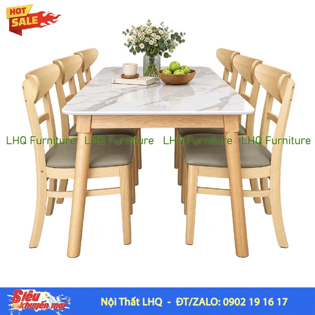 Bộ bàn 1m6 giả đá 6 ghế Panda – Màu tự nhiên và Walnut