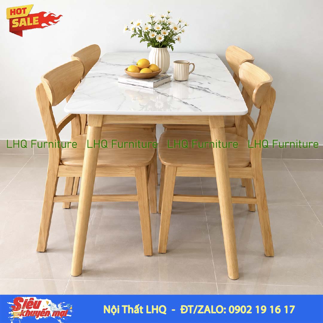 Bàn 1m2 giả đá 4 ghế Mango mặt gỗ – Sang trọng, tinh tế