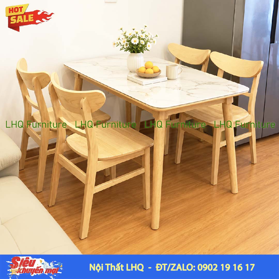 Bàn 1m2 giả đá 4 ghế Mango mặt gỗ – Sang trọng, tinh tế