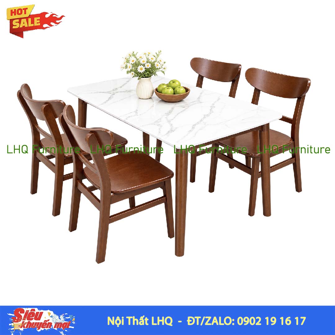 Bàn 1m2 giả đá 4 ghế Mango mặt gỗ – Sang trọng, tinh tế
