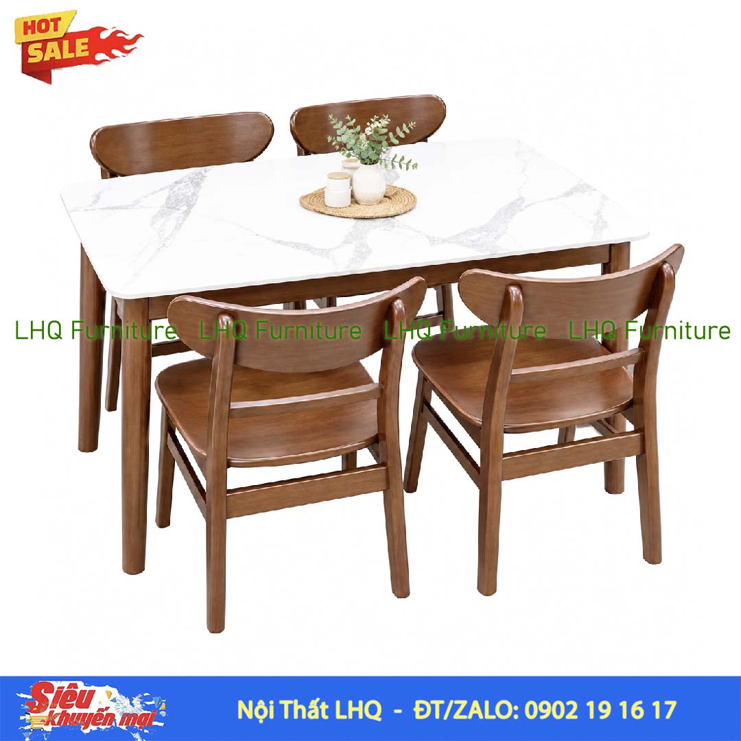 Bàn 1m2 giả đá 4 ghế Mango mặt gỗ – Sang trọng, tinh tế