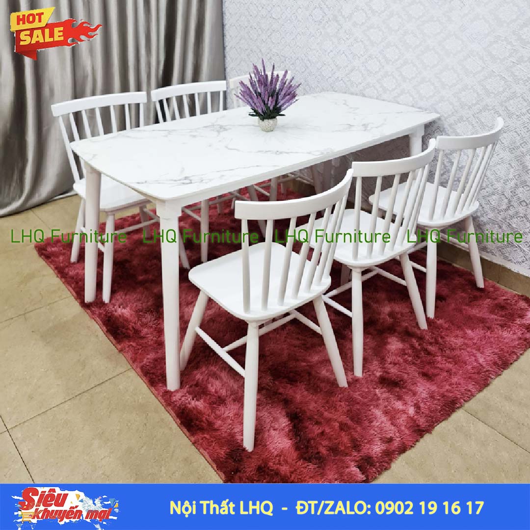 Bộ bàn ghế 7 nan bàn mặt gỗ 1m6 – Gỗ cao su tự nhiên