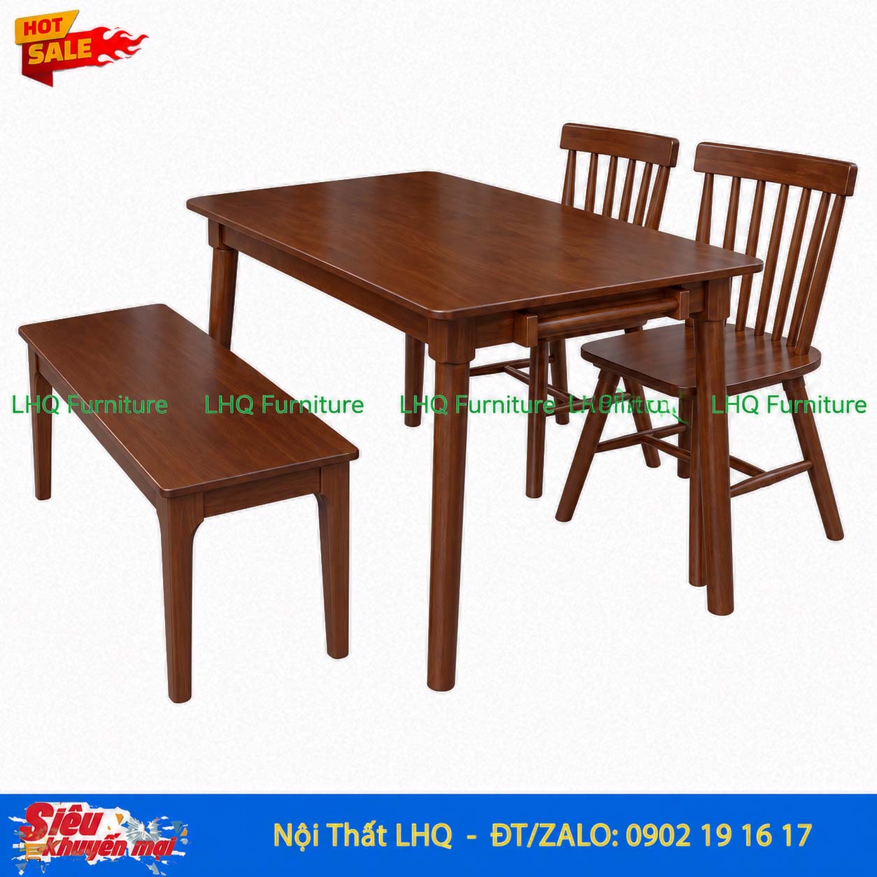 Bộ bàn ăn 2 ghế Song Tiện 1 ghế Bench bàn 1m2