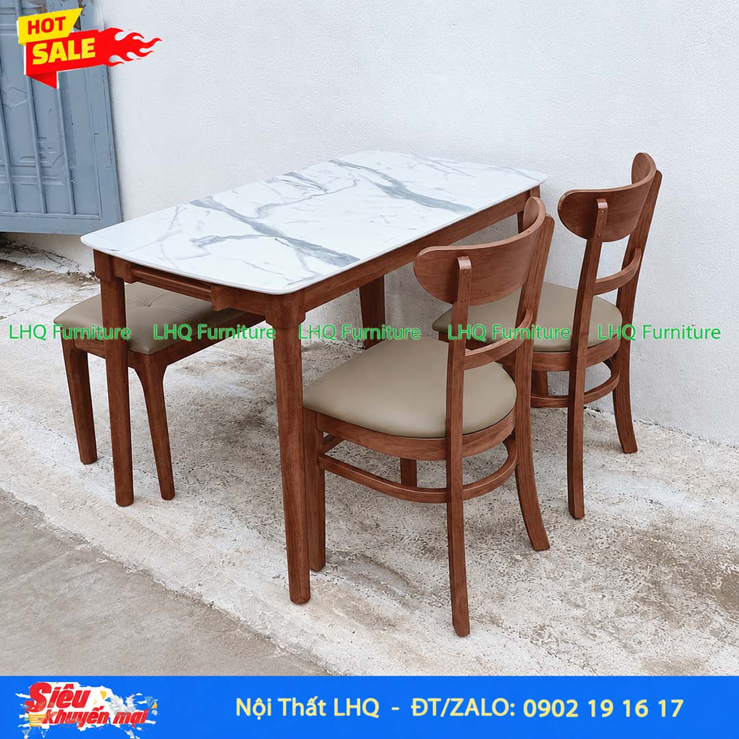 Bộ Bàn 1m2 Giả Đá 2 Ghế Panda + 1 Bench Mặt Nệm