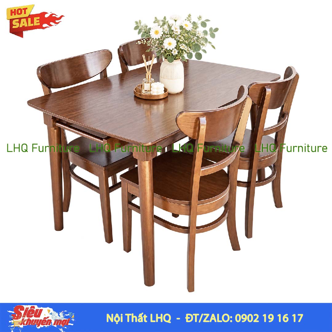 Bộ bàn ăn 1m2 gỗ 4 ghế Panda – Màu Walnut và Tự nhiên